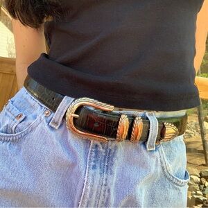 Vintage 90s Brighton Black Leather Mock Croc Belt